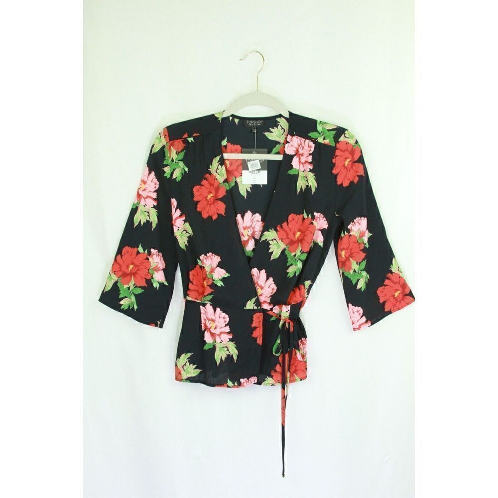 Topshop Top Blouse Floral Wrap 3/4 Sleeve Multicolor Womens 4